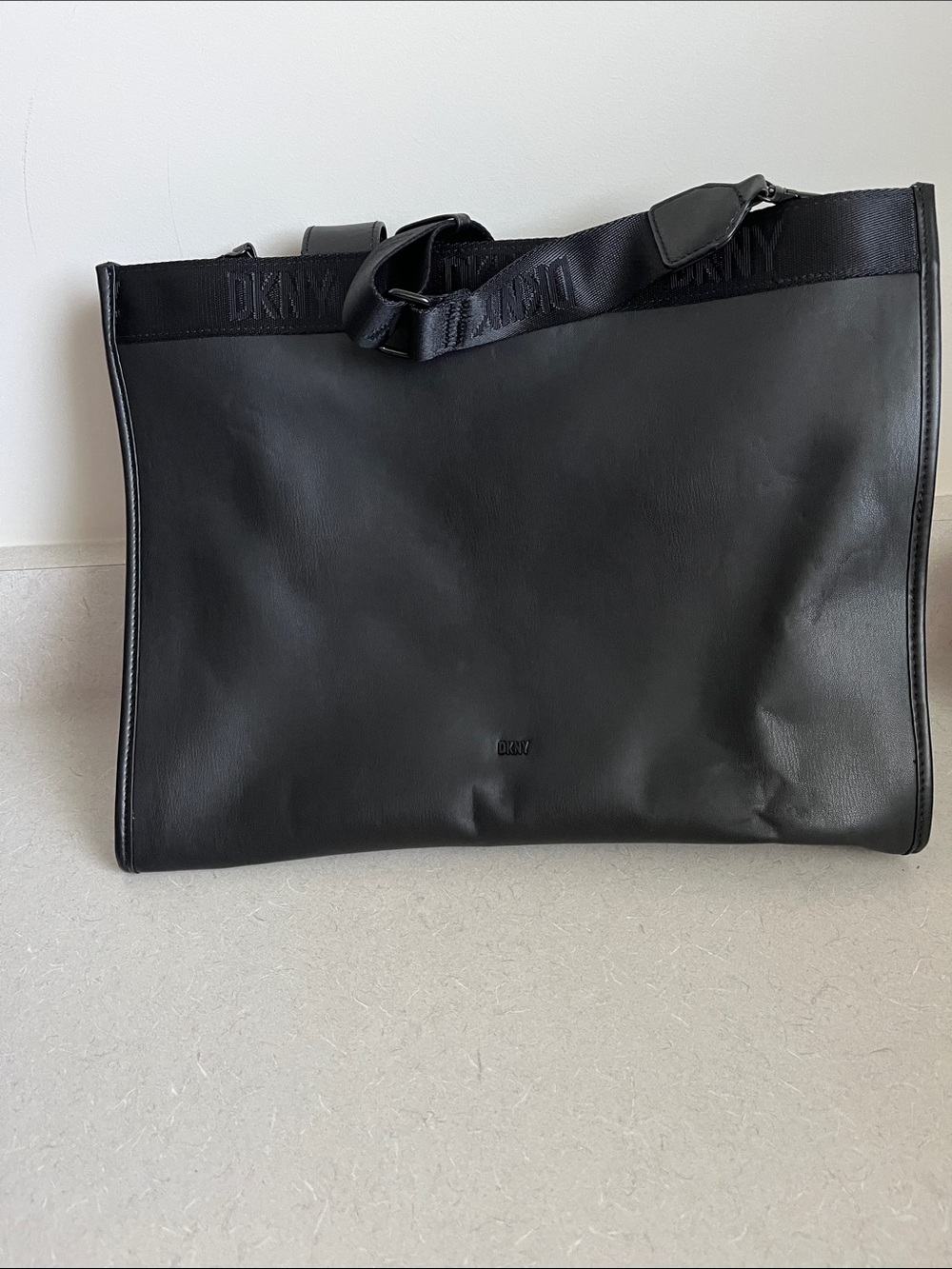 DKNY Black Leather Laptop Tote with Logo Web Strap Accent